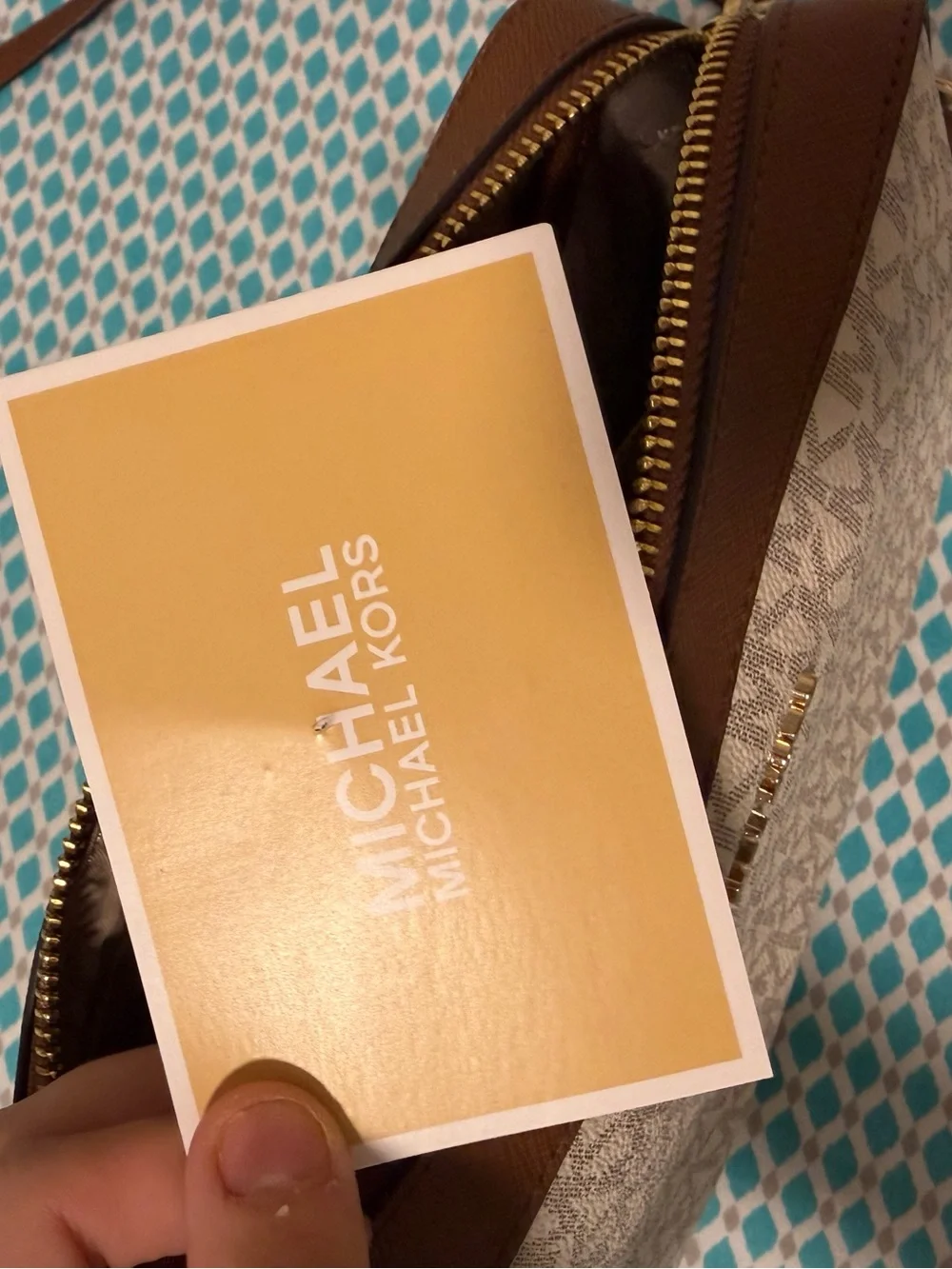 Michael Kors Cream MK Logo Crossbody with Brown Trim